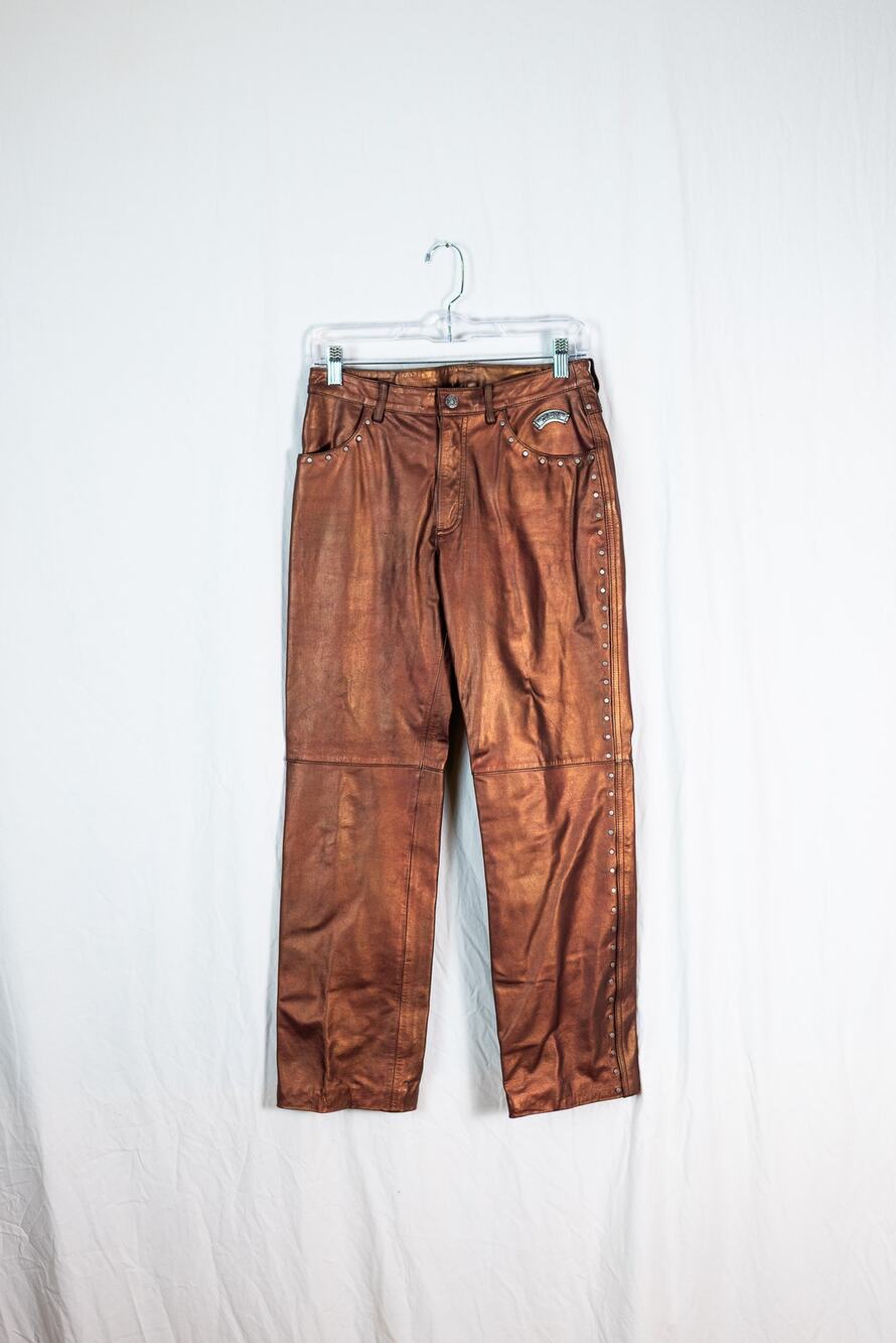VTG Y2K Harley Davidson Bronze Copper Leather Pants, Studded Moto Biker SZ 4/32
